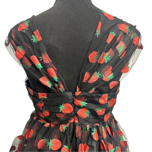 Unique Vintage Black Glitter Strawberry Print Babydoll Dress - Picture 9 of 13